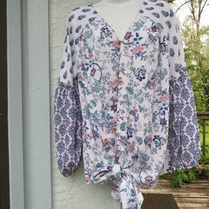 One World Large Womans button front Blouse Boho flouncy Floral